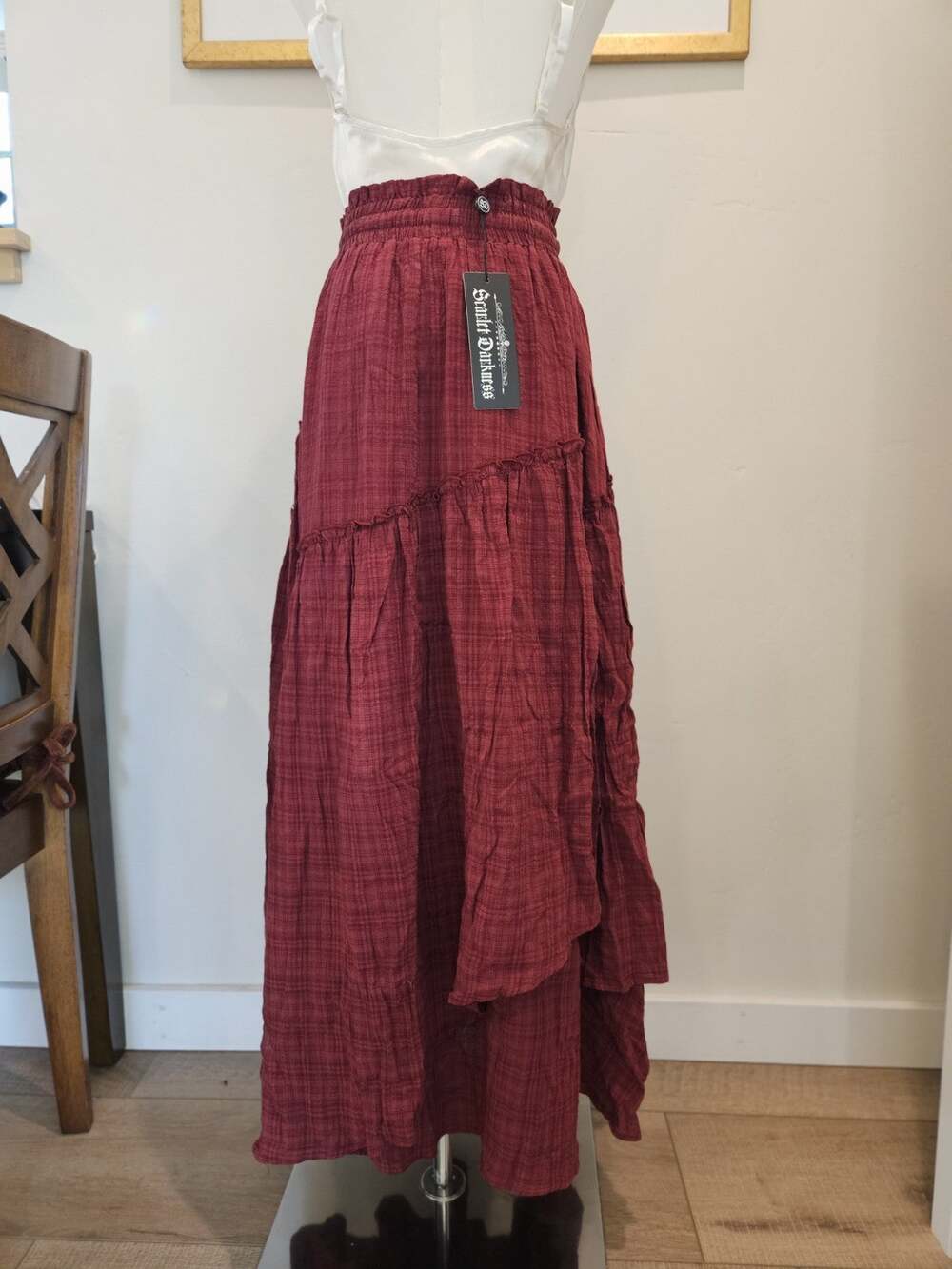NWT Scarlet Darkness Gothic Steampunk Asymmetric Tiered Maxi Skirt Wine Small